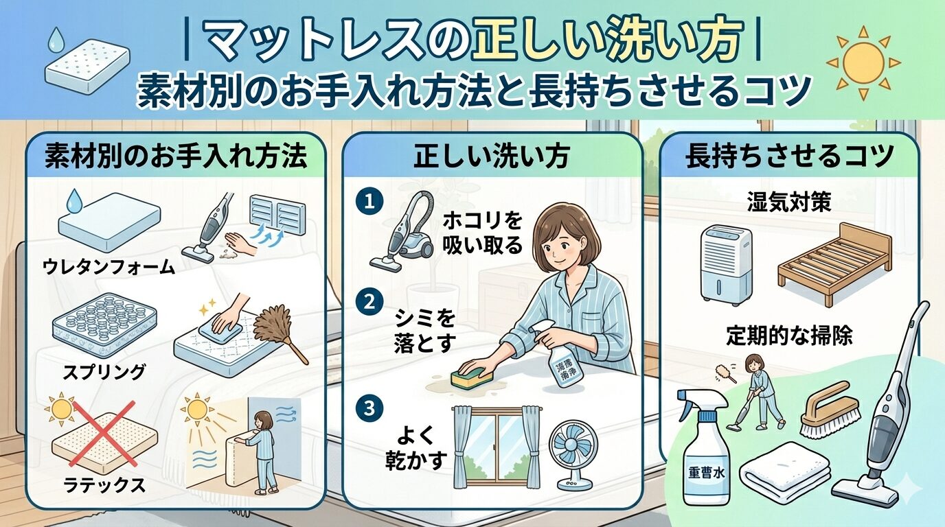 マットレスの正しい洗い方｜素材別のお手入れ方法と長持ちさせるコツ
