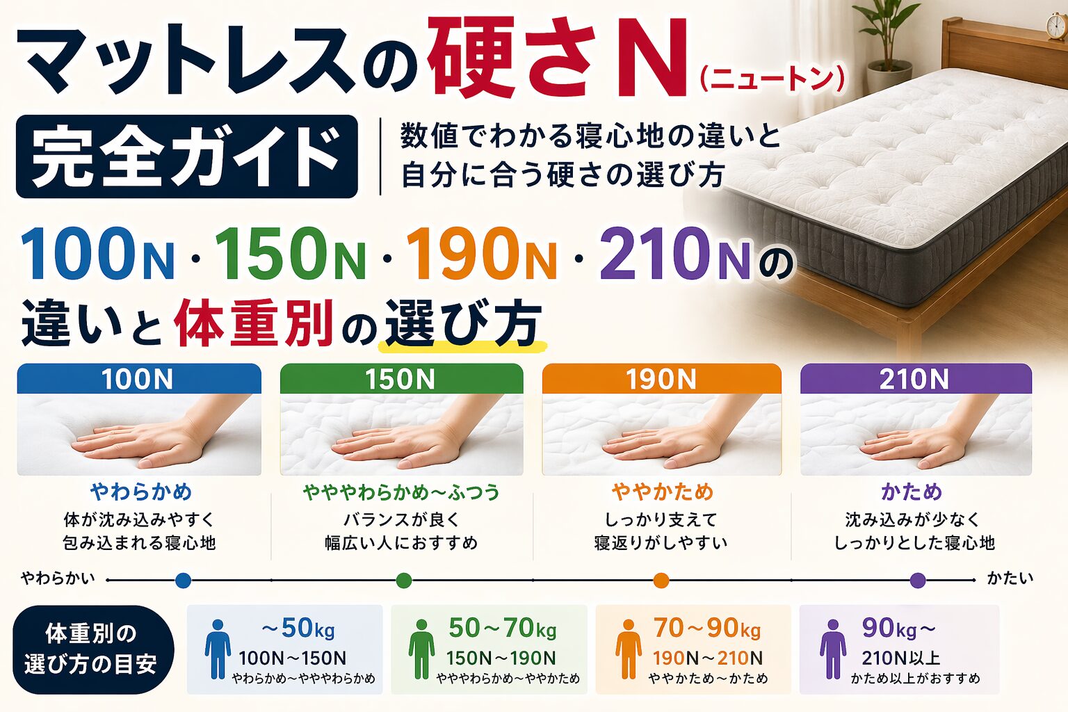 【2026年最新】マットレスの硬さN（ニュートン）完全ガイド｜100N・150N・190N・210Nの違いと体重別の選び方