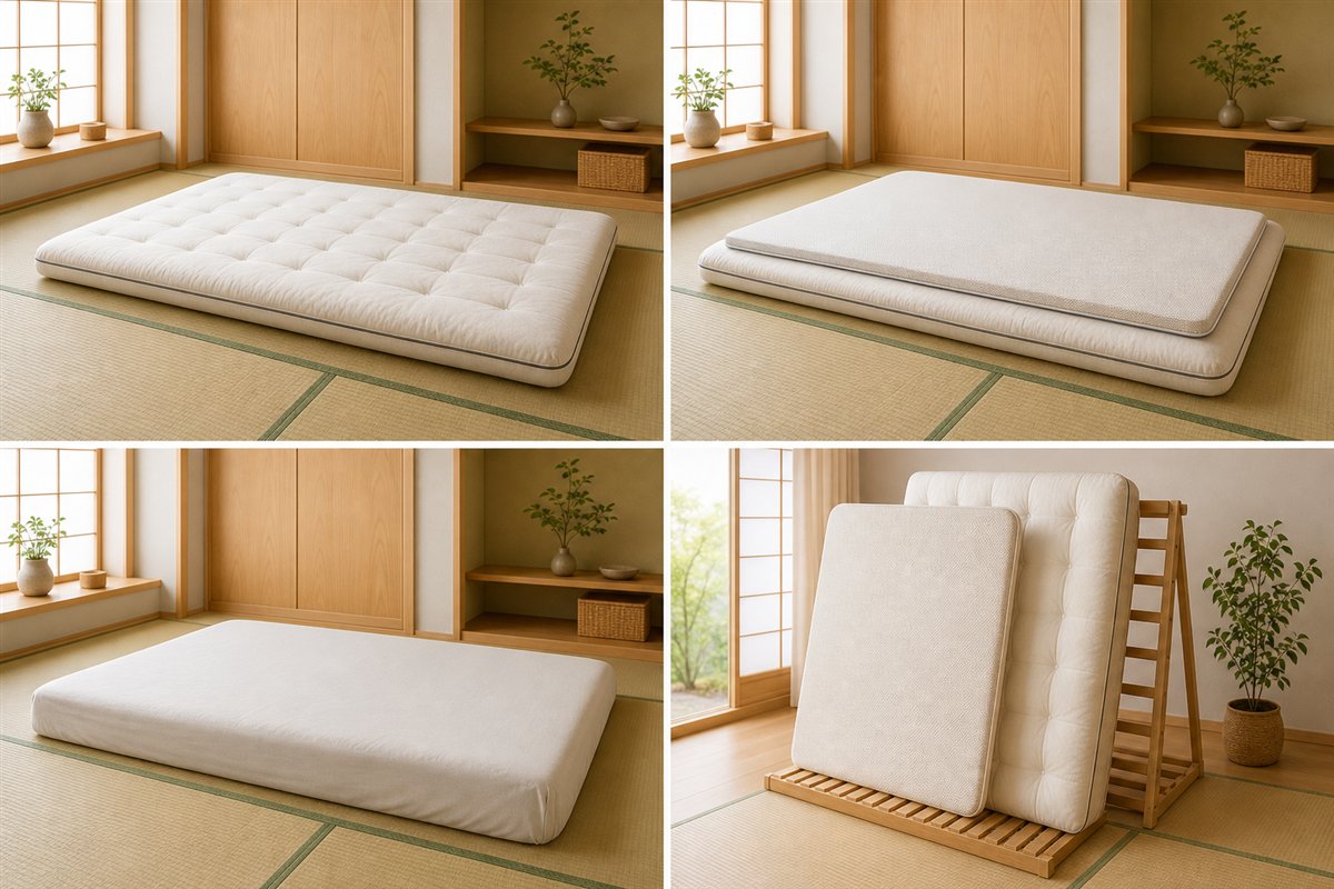 敷布団を点検して薄型マットレスを重ね、シーツで覆い、使用後に乾燥させる手順