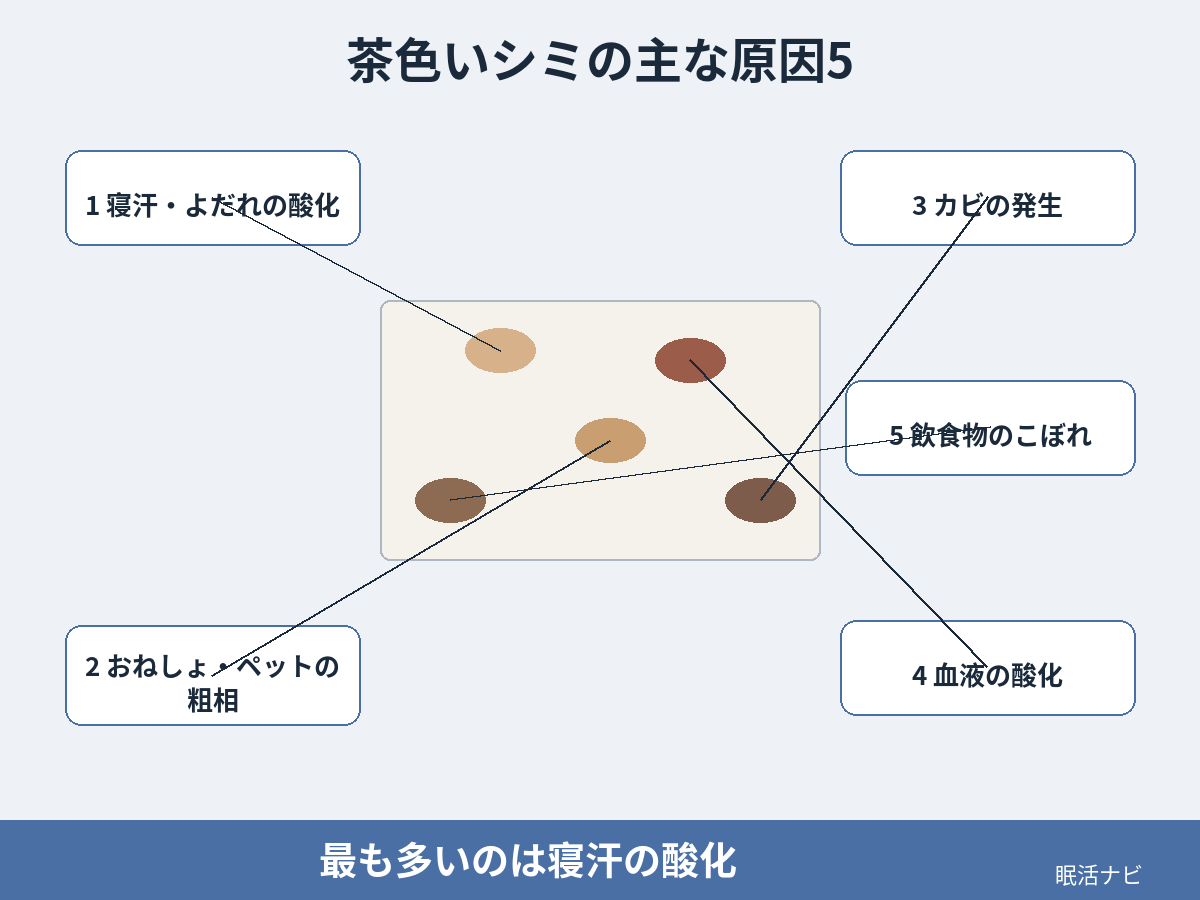マットレスの茶色いシミを引き起こす5つの主な原因の位置図